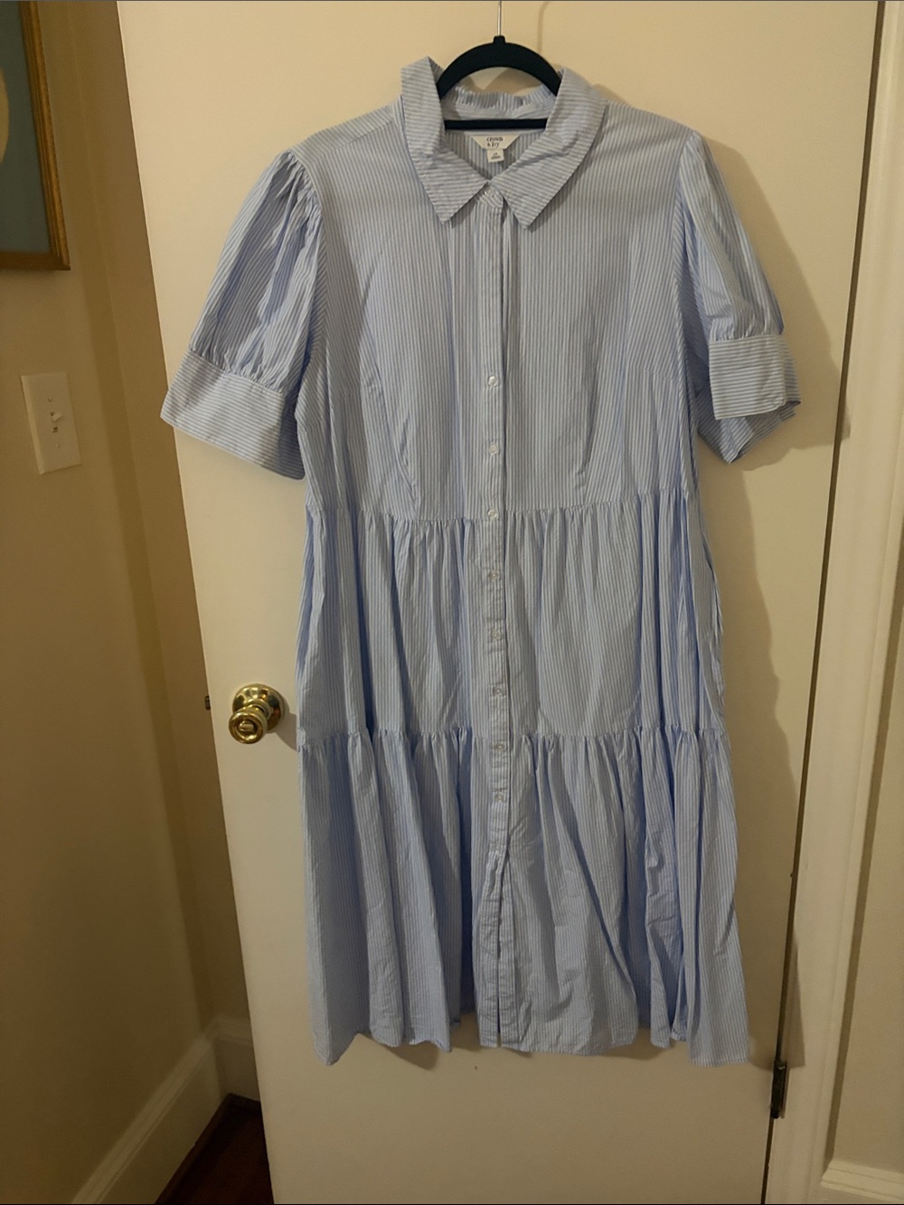 crown & ivy Light Blue Pinstripe Tiered Button-Front Midi Dress